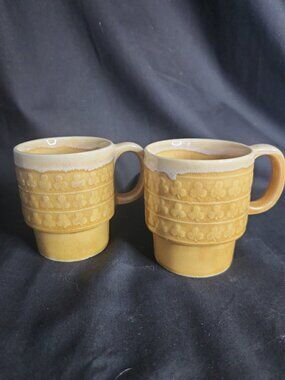 Vintage Pair Stackable Embossed Coffee Cups Yellow With White Drip Glaze Clover